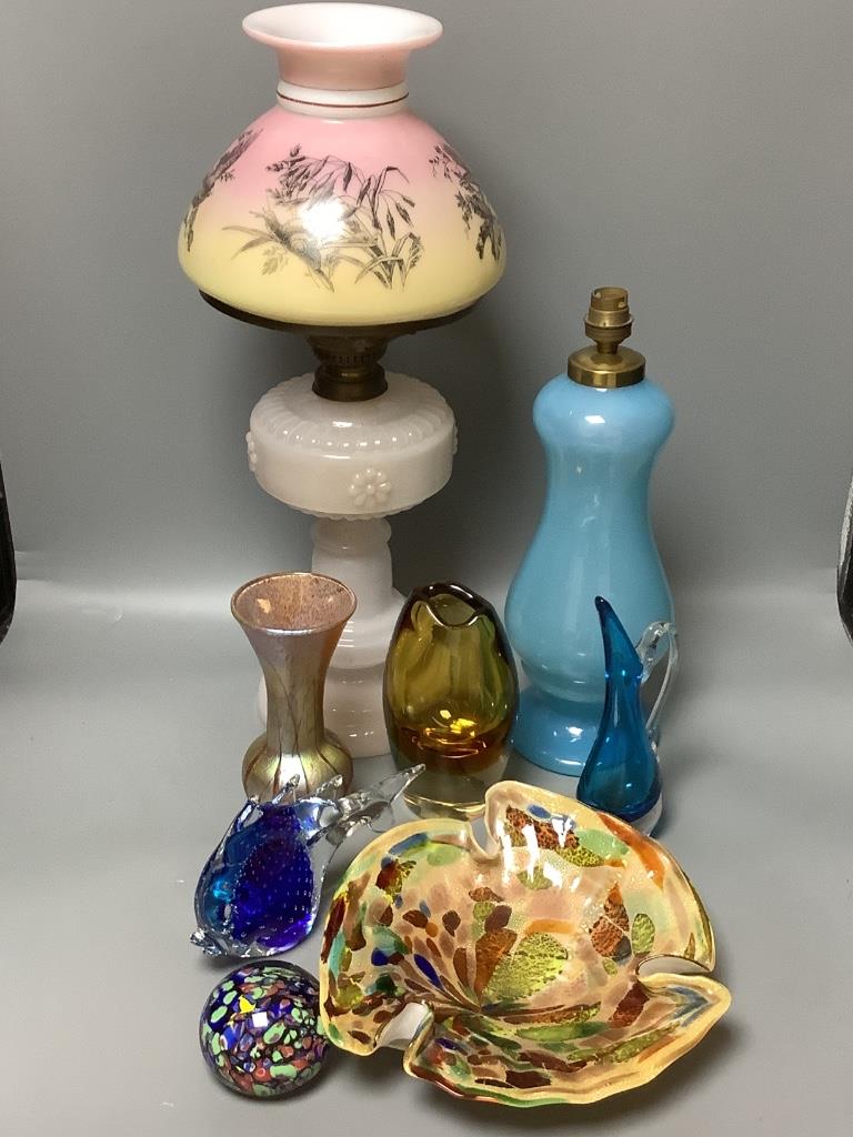 A blue Murano glass lamp, an opaline glass etc